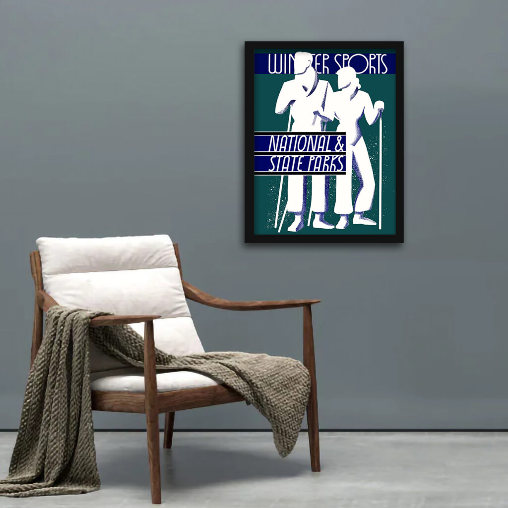 1934 Winter Sports Poster by Dorothy Waugh featuring skiers in vintage clothing.