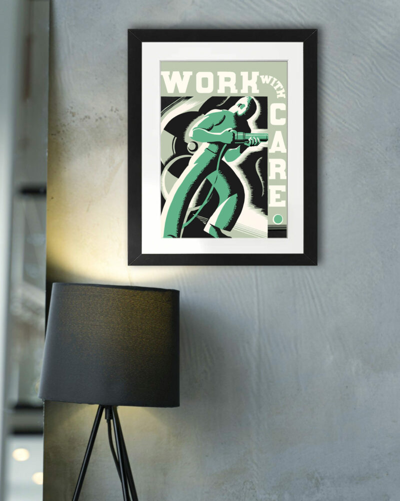 1936 "Work with Care" safety poster reproduction by Robert Muchley.