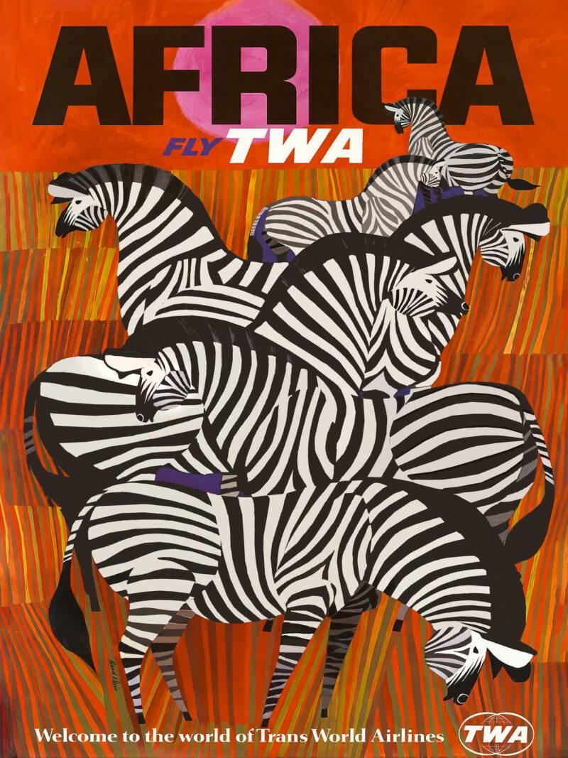 TWA Africa travel poster featuring zebras