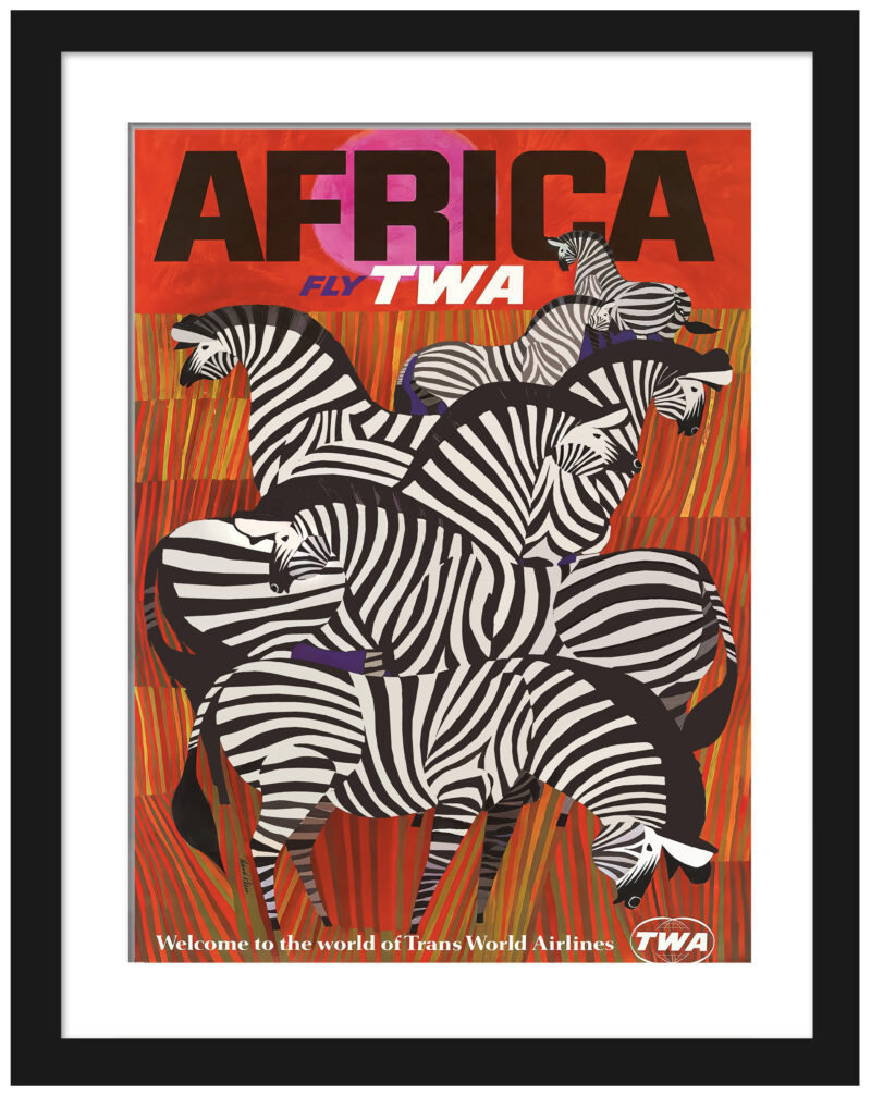 TWA Africa travel poster featuring zebras