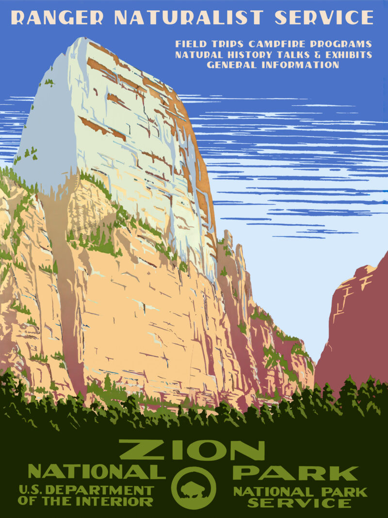 Vintage 1938 Zion National Park poster with towering cliffs and verdant valleys.