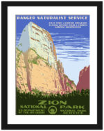 Vintage 1938 Zion National Park poster with towering cliffs and verdant valleys.