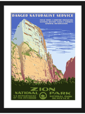 Vintage 1938 Zion National Park poster with towering cliffs and verdant valleys.