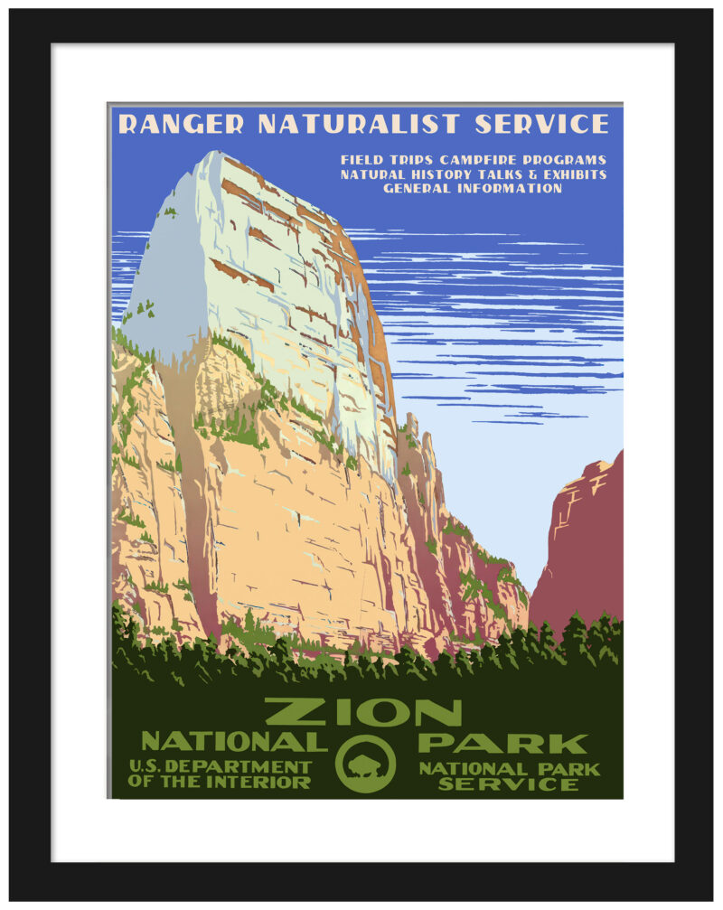 Vintage 1938 Zion National Park poster with towering cliffs and verdant valleys.