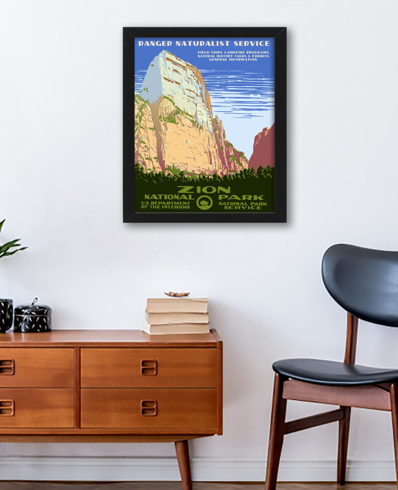Vintage 1938 Zion National Park poster with towering cliffs and verdant valleys.