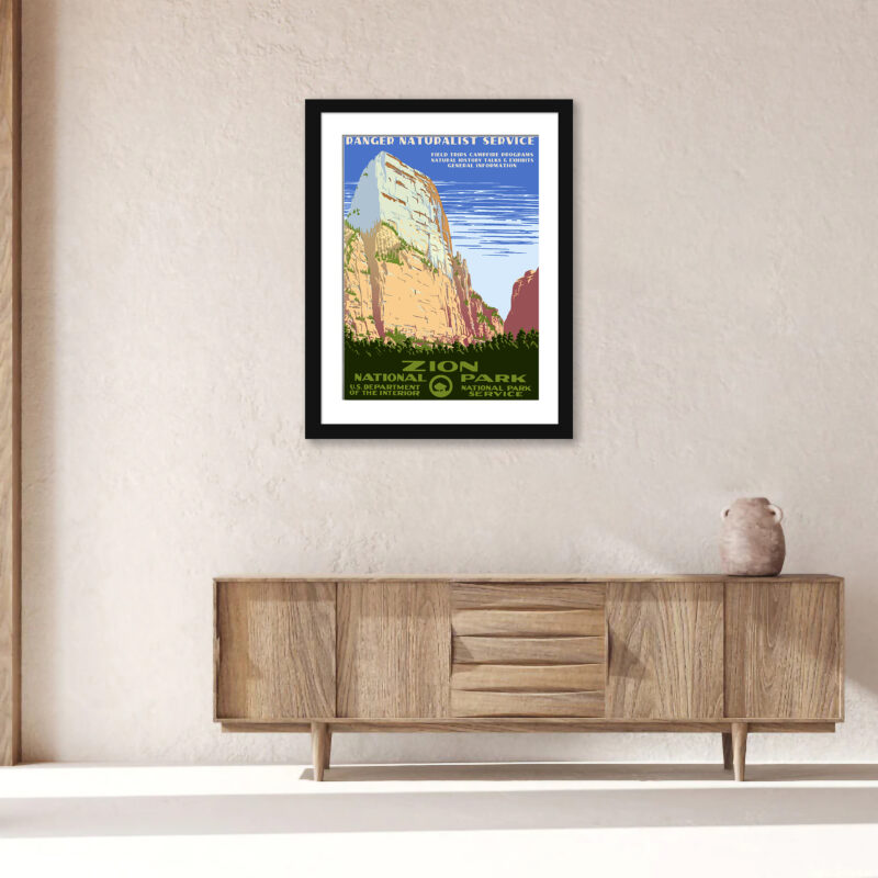 Vintage 1938 Zion National Park poster with towering cliffs and verdant valleys.