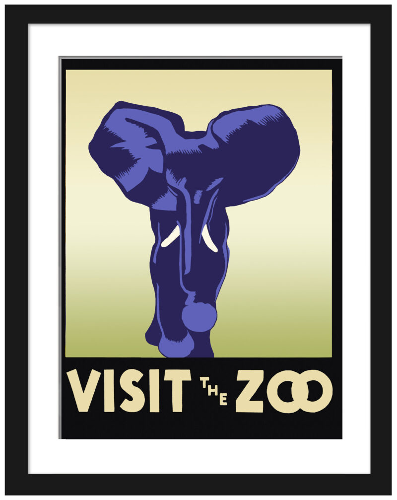1936 "Visit The Zoo" WPA poster with an elephant illustration.