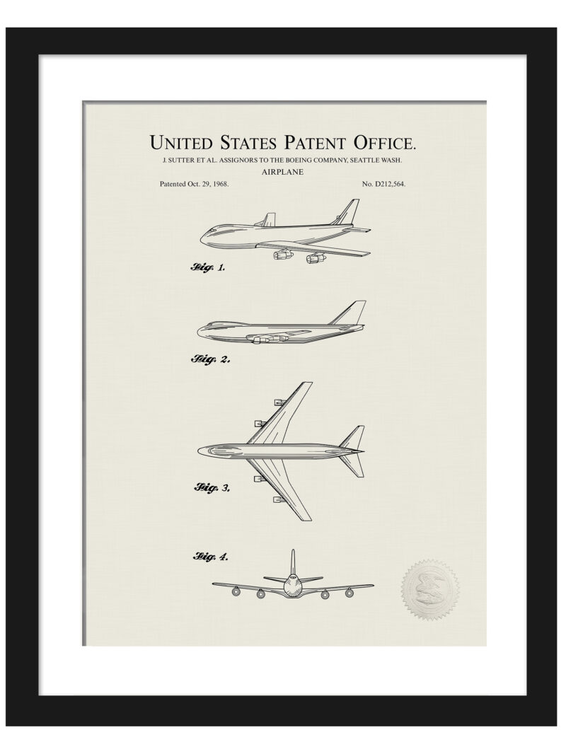 Reproduction prints of Boeing 737 and 747 patents.