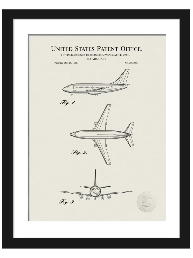 Reproduction prints of Boeing 737 and 747 patents.