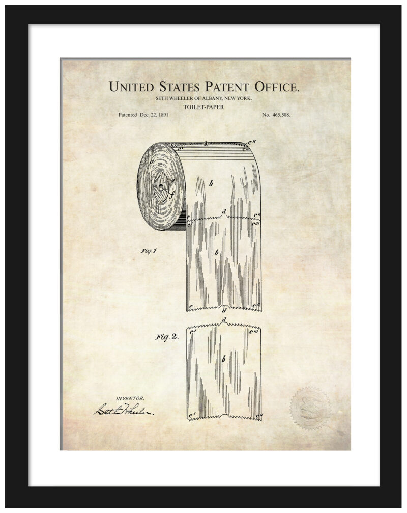 vintage 1891 toilet paper patent drawing featuring detailed design.