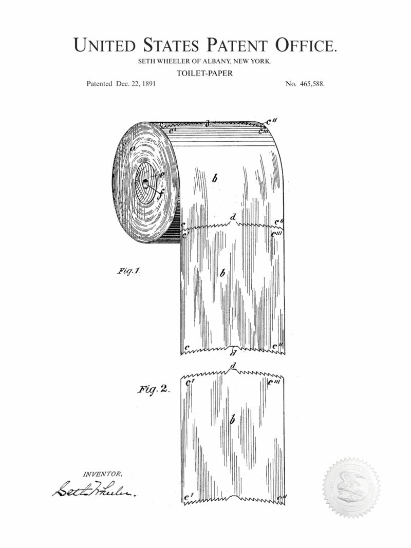 vintage 1891 toilet paper patent drawing featuring detailed design.