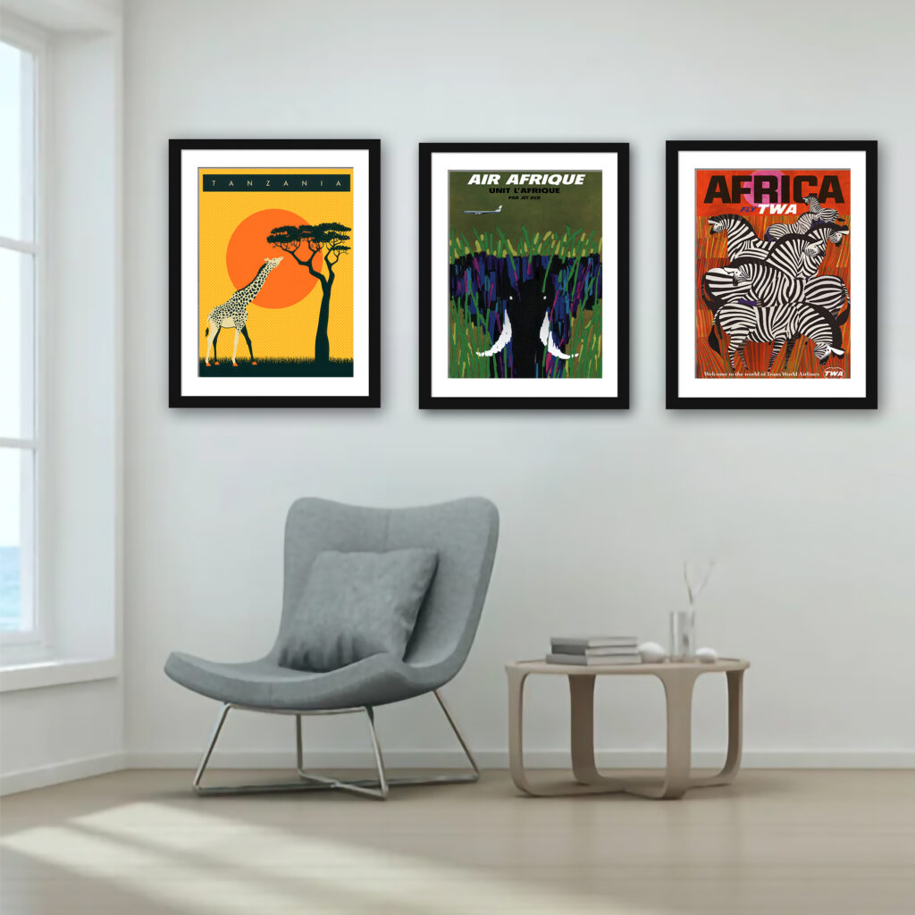 Set of Three Vintage African Travel Posters with Animal Art