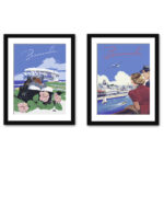 Vintage Bermuda travel print featuring a scenic ocean view with vibrant flowers and a classic car