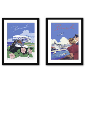 Vintage Bermuda travel print featuring a scenic ocean view with vibrant flowers and a classic car