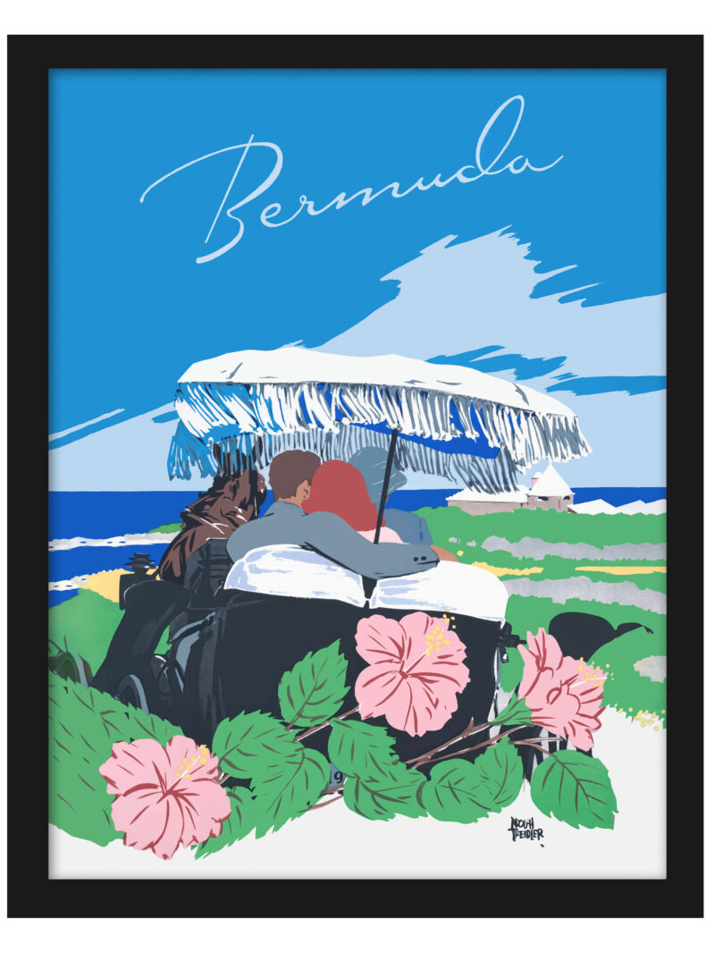 Vintage 1940s Bermuda travel print by Adolph Treidler featuring beachside scenery with lush tropical plants