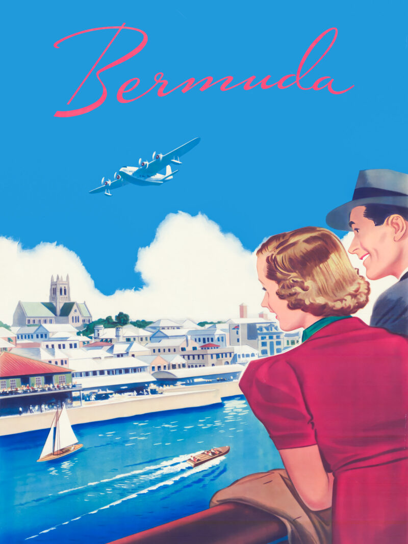 1950s Bermuda Travel Poster with Ocean and Airplane