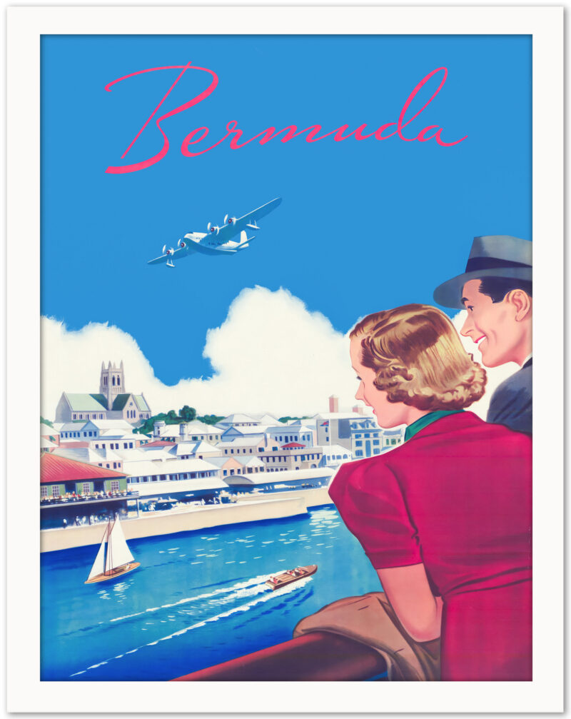 1950s Bermuda Travel Poster with Ocean and Airplane