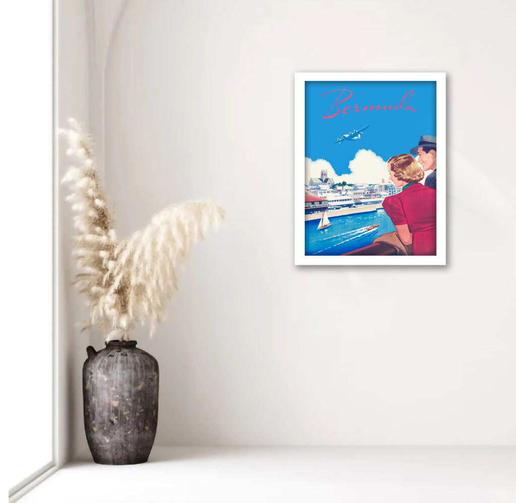 1950s Bermuda Travel Poster with Ocean and Airplane