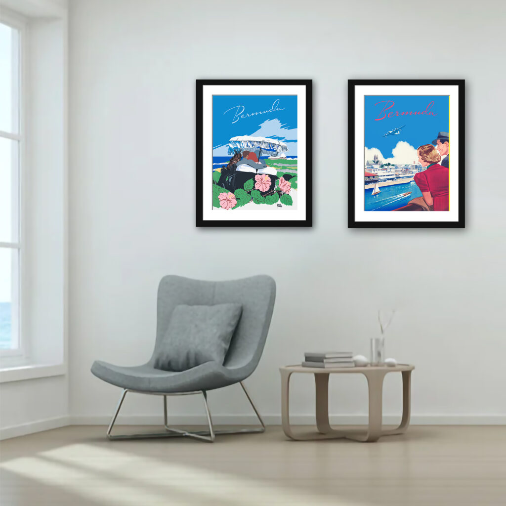 Vintage Bermuda travel print featuring a scenic ocean view with vibrant flowers and a classic car