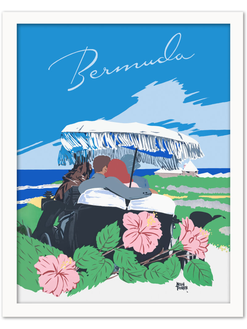 Vintage 1940s Bermuda travel print by Adolph Treidler featuring beachside scenery with lush tropical plants
