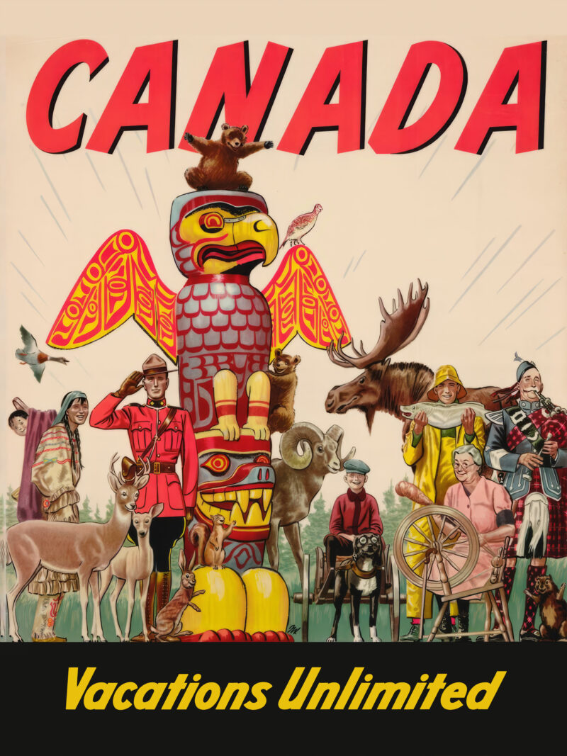 1947 Canada travel poster featuring cultural and wildlife elements, ideal for collectors and home decor enthusiasts