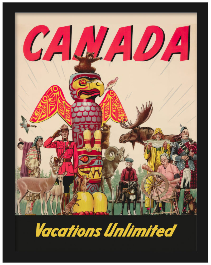 1947 Canada travel poster featuring cultural and wildlife elements, ideal for collectors and home decor enthusiasts