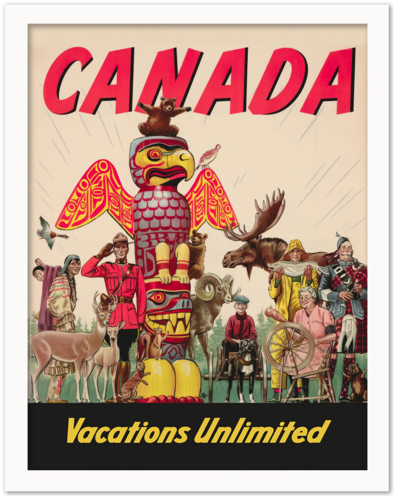 1947 Canada travel poster featuring cultural and wildlife elements, ideal for collectors and home decor enthusiasts
