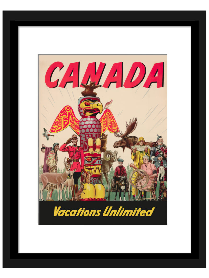 1947 Canada travel poster featuring cultural and wildlife elements, ideal for collectors and home decor enthusiasts