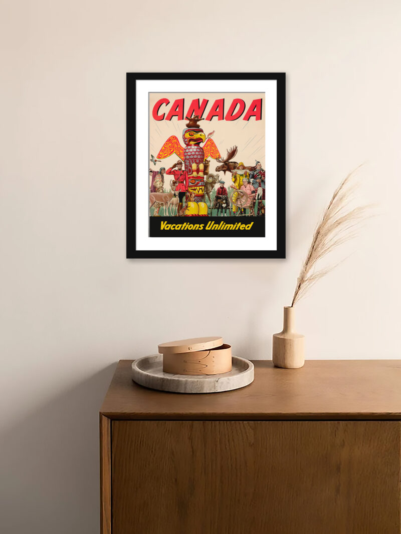 1947 Canada travel poster featuring cultural and wildlife elements, ideal for collectors and home decor enthusiasts
