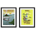 Vintage Hawaii travel poster with vibrant depiction of classic Hawaiian scenery and mid-century art style.
