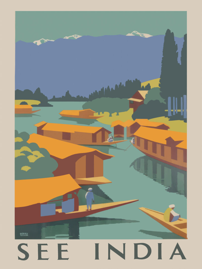1924 "See India" poster by Horace Taylor featuring serene landscapes and traditional boats.