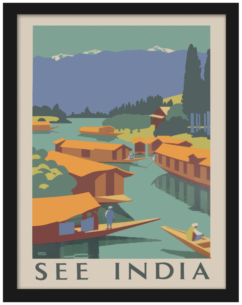 1924 "See India" poster by Horace Taylor featuring serene landscapes and traditional boats.