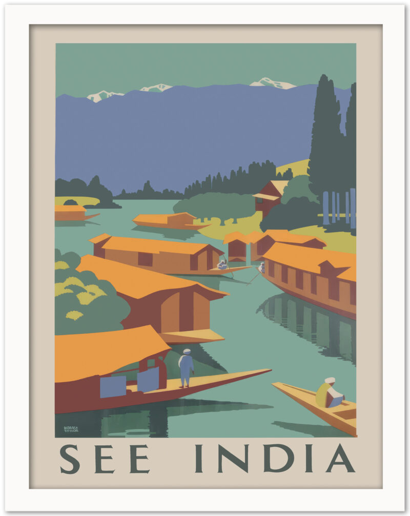 1924 "See India" poster by Horace Taylor featuring serene landscapes and traditional boats.