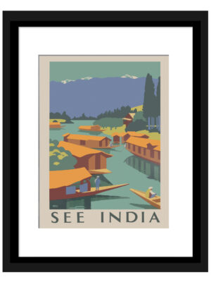 1924 "See India" poster by Horace Taylor featuring serene landscapes and traditional boats.