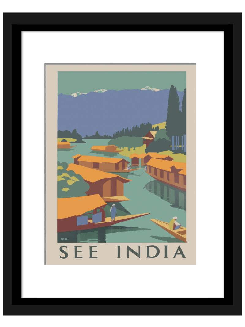 1924 "See India" poster by Horace Taylor featuring serene landscapes and traditional boats.