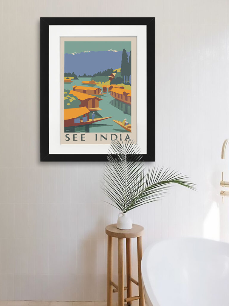1924 "See India" poster by Horace Taylor featuring serene landscapes and traditional boats.