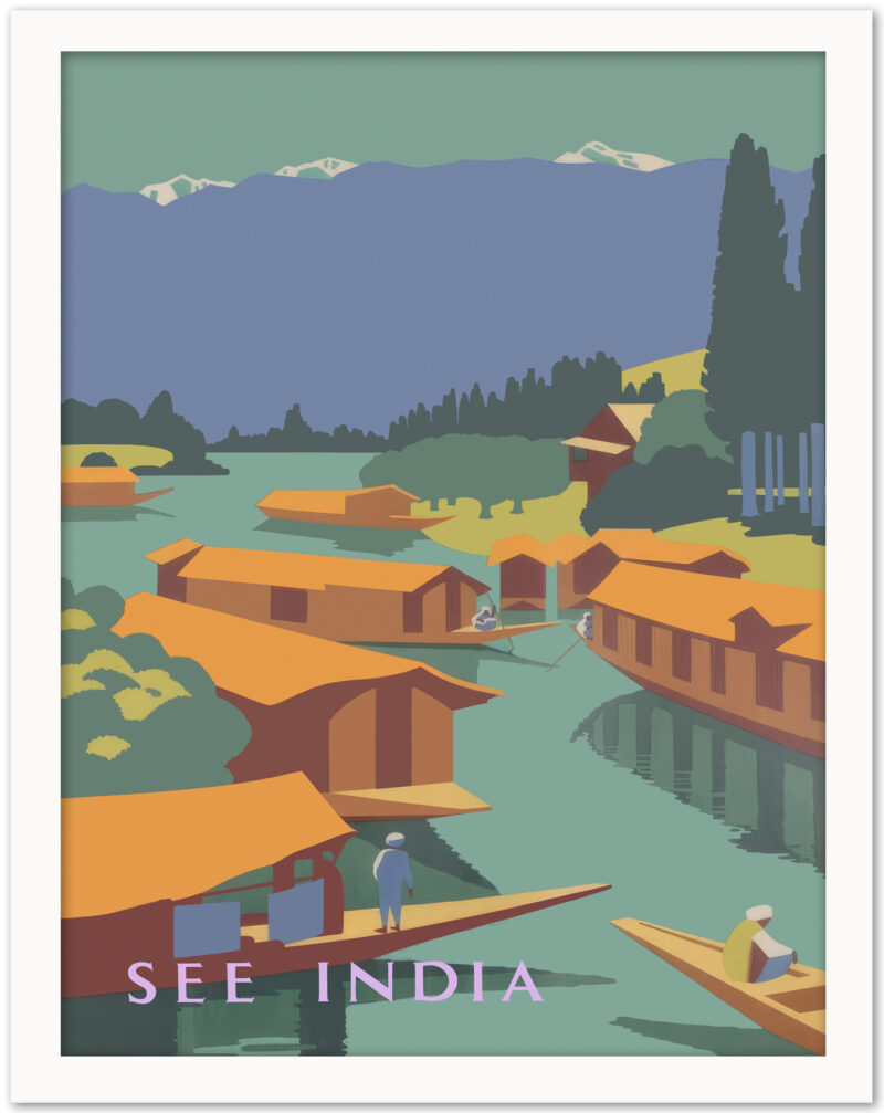 1924 "See India" vintage travel poster by Horace Taylor featuring serene landscapes and traditional boats
