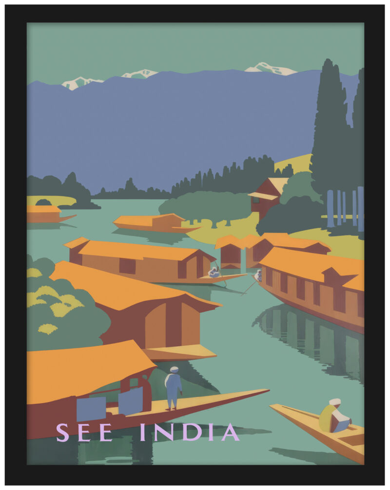 1924 "See India" vintage travel poster by Horace Taylor featuring serene landscapes and traditional boats