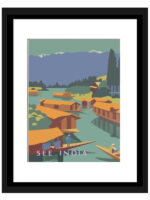 1924 "See India" vintage travel poster by Horace Taylor featuring serene landscapes and traditional boats