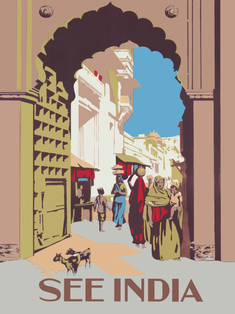 "See India travel poster showcasing Jodhpur's vibrant market scene with women in colorful saris and street goats."