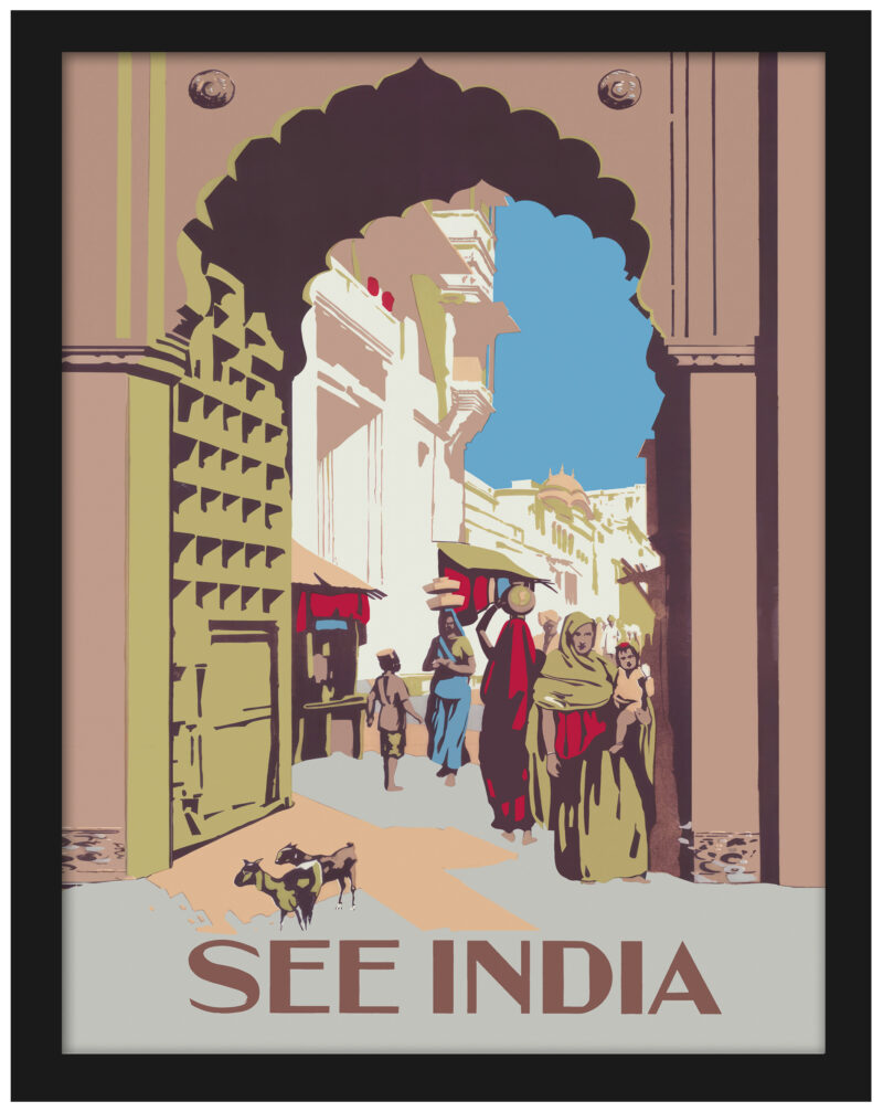"See India travel poster showcasing Jodhpur's vibrant market scene with women in colorful saris and street goats."
