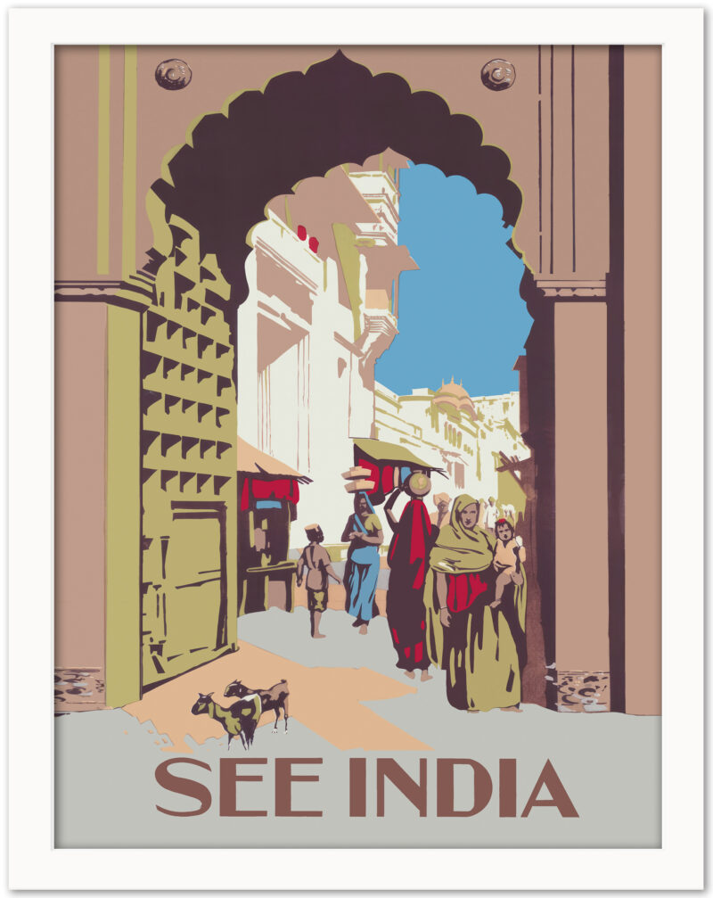 "See India travel poster showcasing Jodhpur's vibrant market scene with women in colorful saris and street goats."