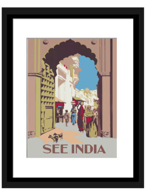 "See India travel poster showcasing Jodhpur's vibrant market scene with women in colorful saris and street goats."