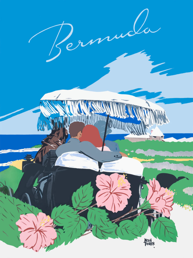 Vintage 1940s Bermuda travel print by Adolph Treidler featuring beachside scenery with lush tropical plants
