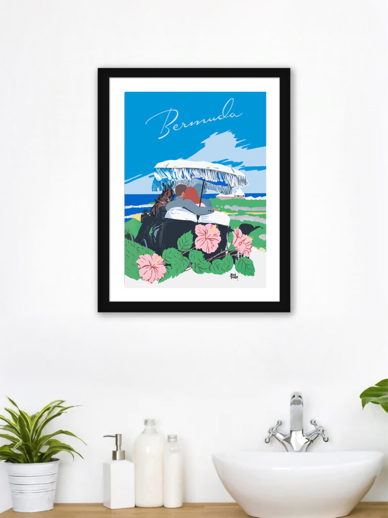 Vintage 1940s Bermuda travel print by Adolph Treidler featuring beachside scenery with lush tropical plants