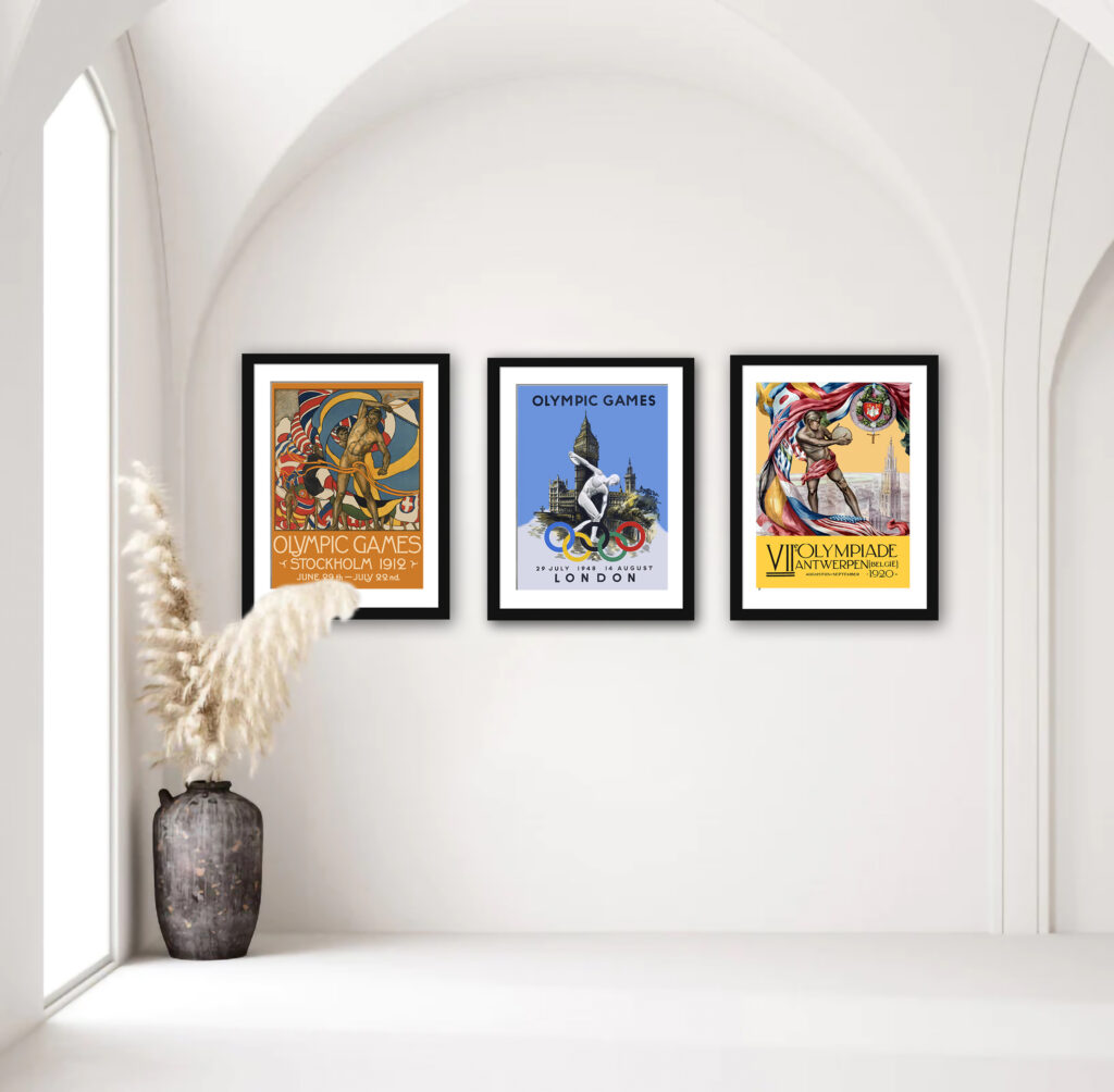 Set of three vintage Olympic Games posters featuring Stockholm 1912, Antwerp 1920, and London 1948.