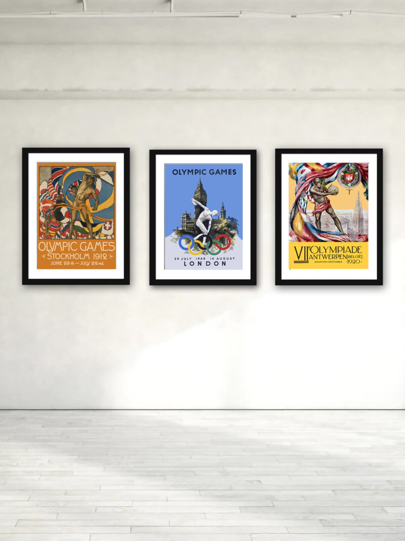 Set of three vintage Olympic Games posters featuring Stockholm 1912, Antwerp 1920, and London 1948.