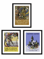 Set of three vintage Olympic Games posters featuring Stockholm 1912, Antwerp 1920, and London 1948.