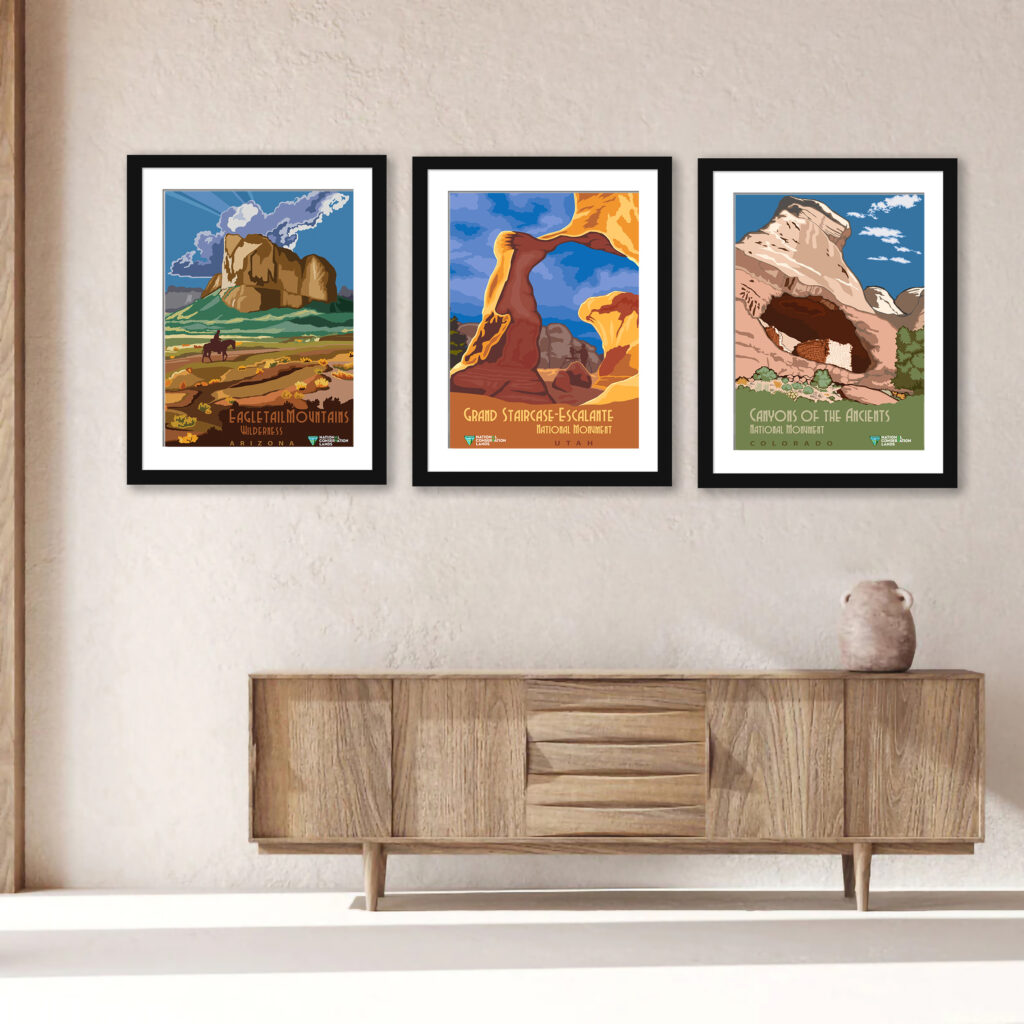 Vintage posters of National Conservation Lands, including Canyons of the Ancients, Grand Staircase-Escalante, and Eagletail Mountains.