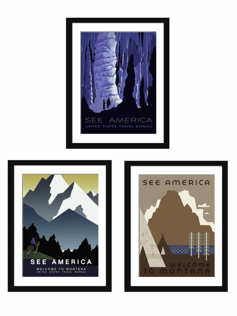 Collection of three See America vintage travel posters featuring American landscapes